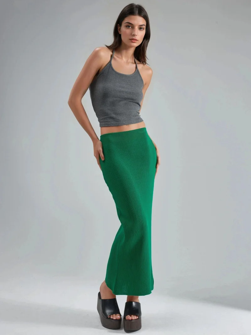 MY FASHION Green MY FASHION High Waist Ribbed Knit Maxi Skirt for Women | Best Price UAE